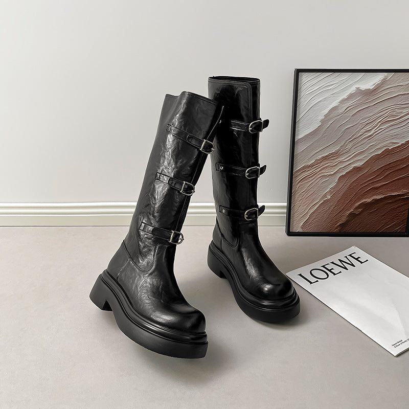 Long Female Thick Bottom Chunky Tall Martin Women's Leather Boots