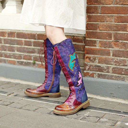 Women's Export Motorcycle Texture Unisex Style Dark Flower Women's Leather Boots