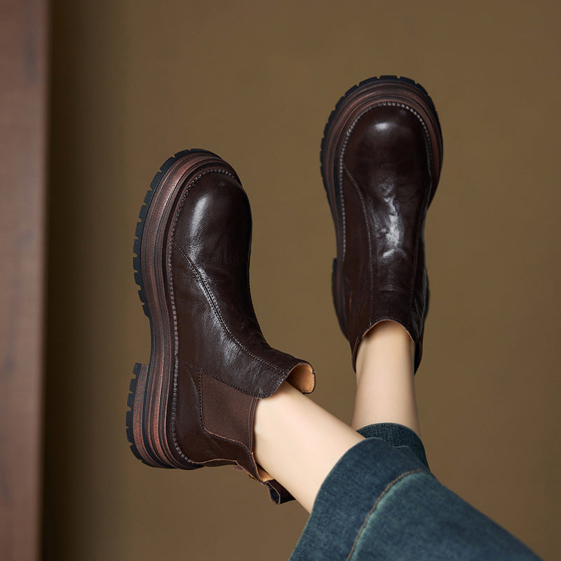 Women's Height Increasing Chelsea Booties Round Toe Vintage Slimming Women's Leather Boots