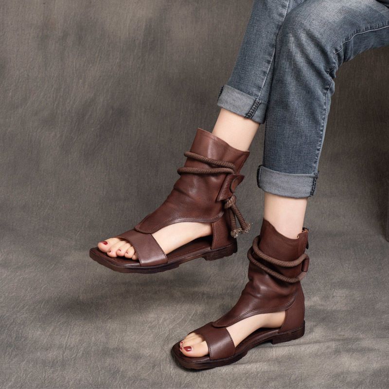 Summer Handmade Genuine Retro Bottom Soft Back Zipper Peep Boots