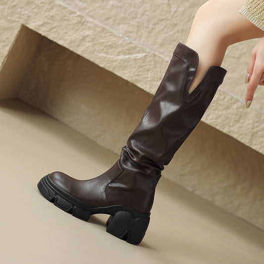 Women's Thick-soled Pile Style Authentic Platform Knee-length Small Women's Leather Boots
