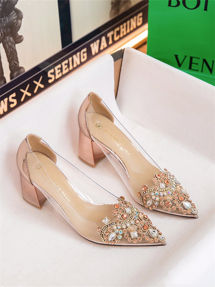Women's Diamond Golden Bird Fashion Transparent Rhinestone Pointed Heels