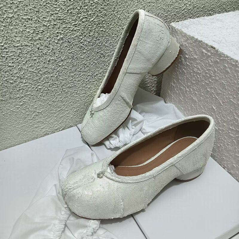 Women's White Sheepskin Split Toe Flat Ballet Women's Casual Shoes