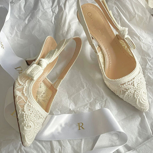 Women's Flat White Lace Embroidered Wedding Bridesmaid Kitten High Heeled Sandals