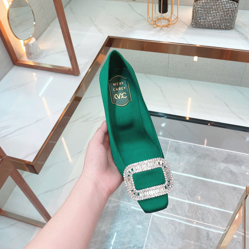 Women's Chunky Square Toe Rhinestone Versatile Single-layer Low-cut Women's Fashion Shoes