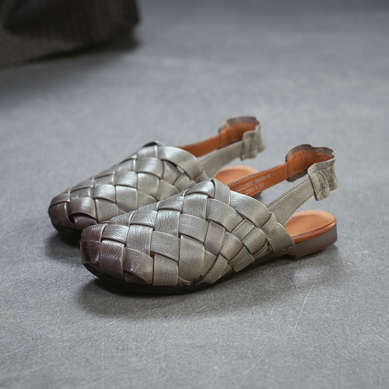 Women's First Layer Cowhide Hand-woven Closed Toe Flat Back Sandals