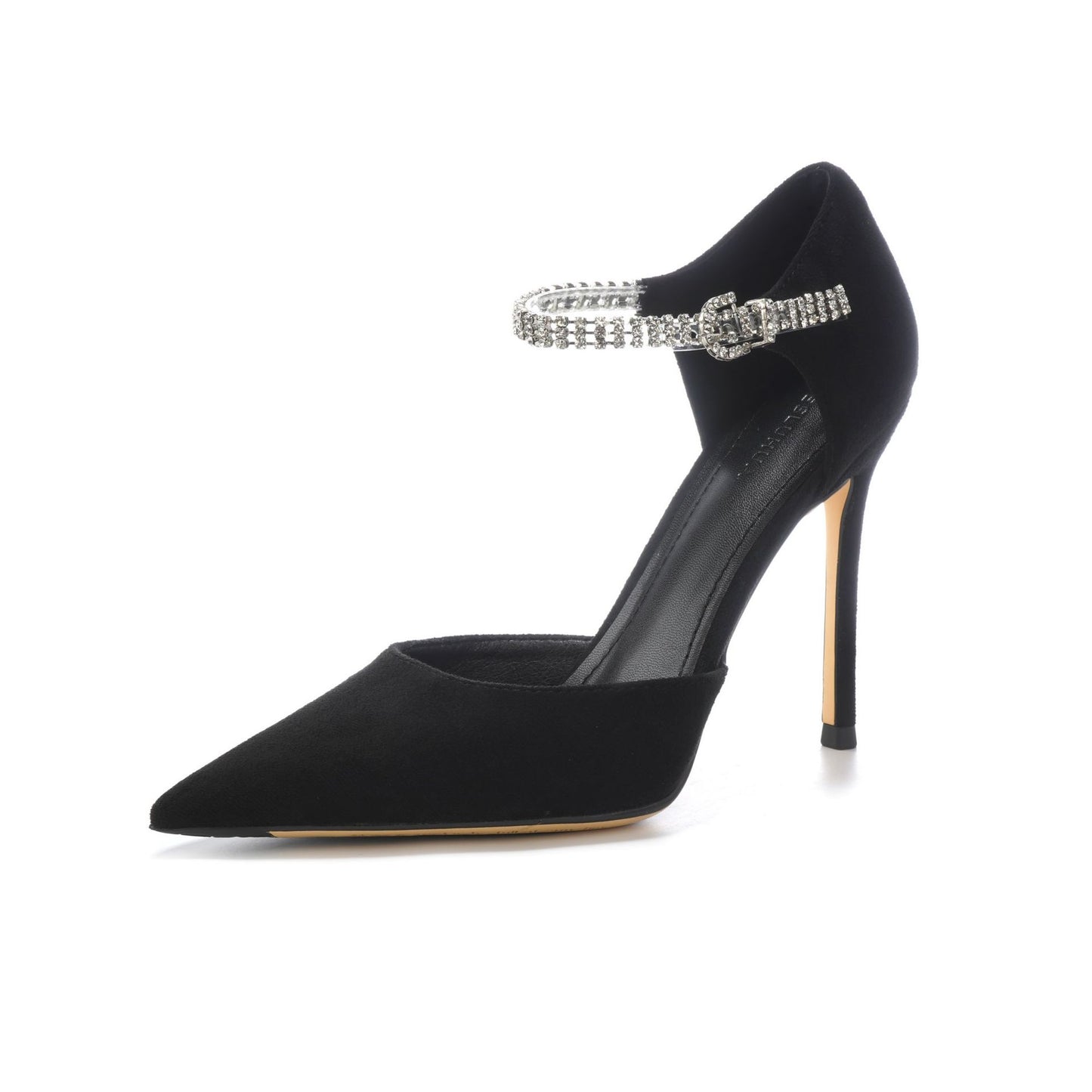 Women's Pointed High With Strap Pearl Chain Fine Black Suede Women's Fashion Shoes
