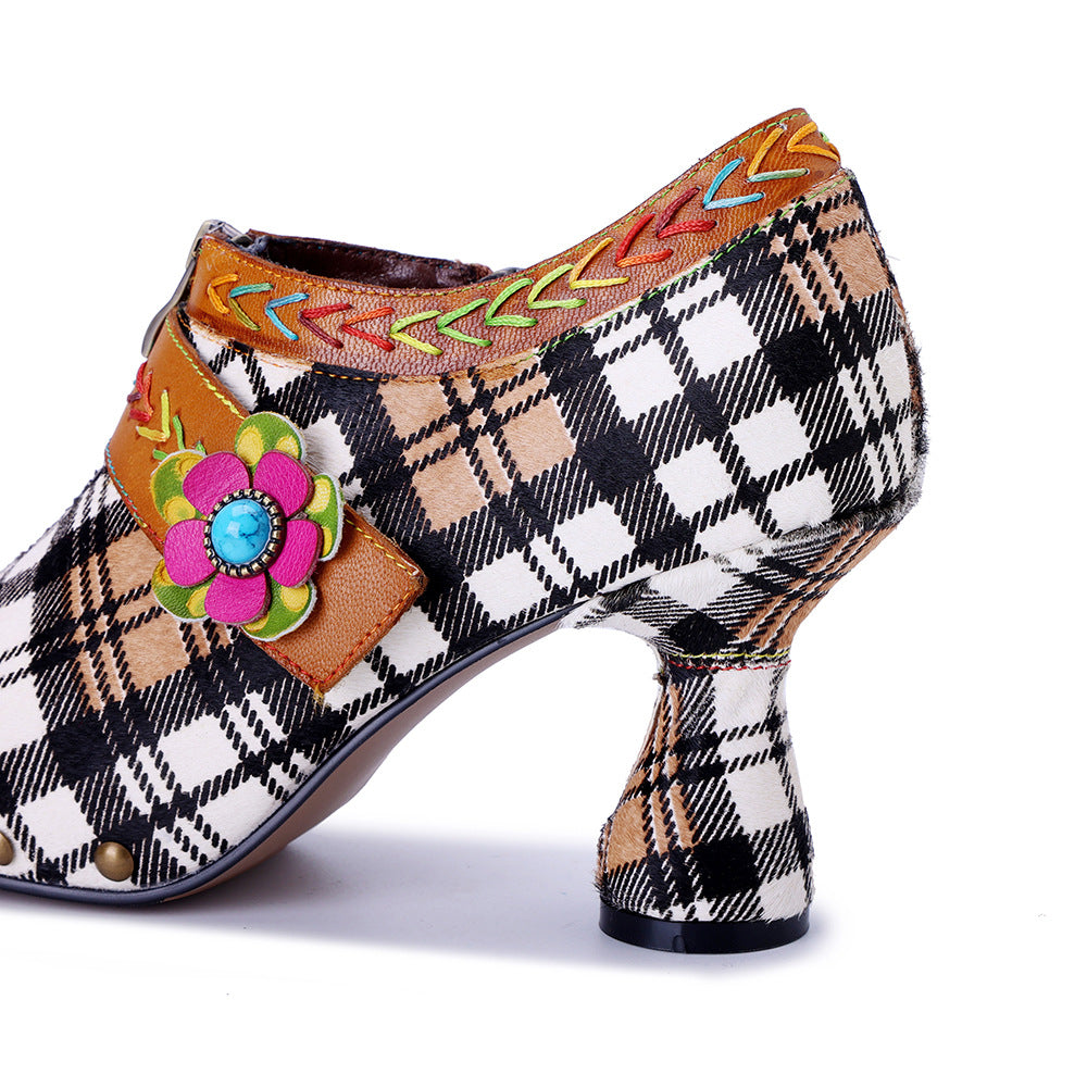 Women's Genuine Hand-rub Color Retro Plaid Printed Women's Fashion Shoes