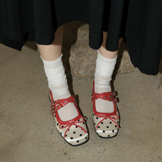 Women's Ballet Soft Bottom Red Polka Dot Satin Mary Jane Flat Women's Fashion Shoes