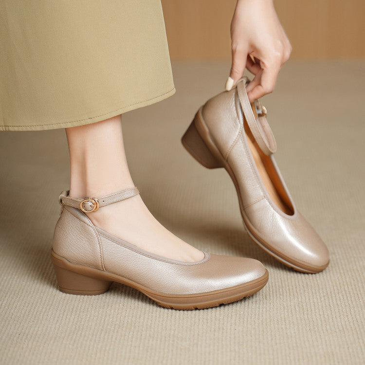 Women's Sheepskin Round Toe Pumps Mid Chunky Retro Buckle Strap Shallow Women's Fashion Shoes
