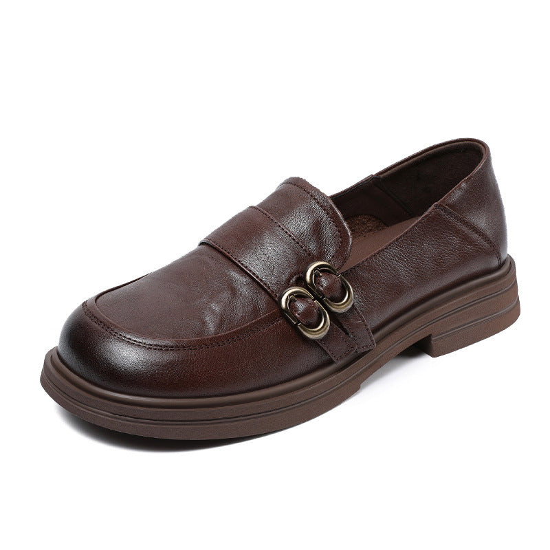 Women's Color First Layer Cowhide Pumps Retro British Style Low Soft Loafers