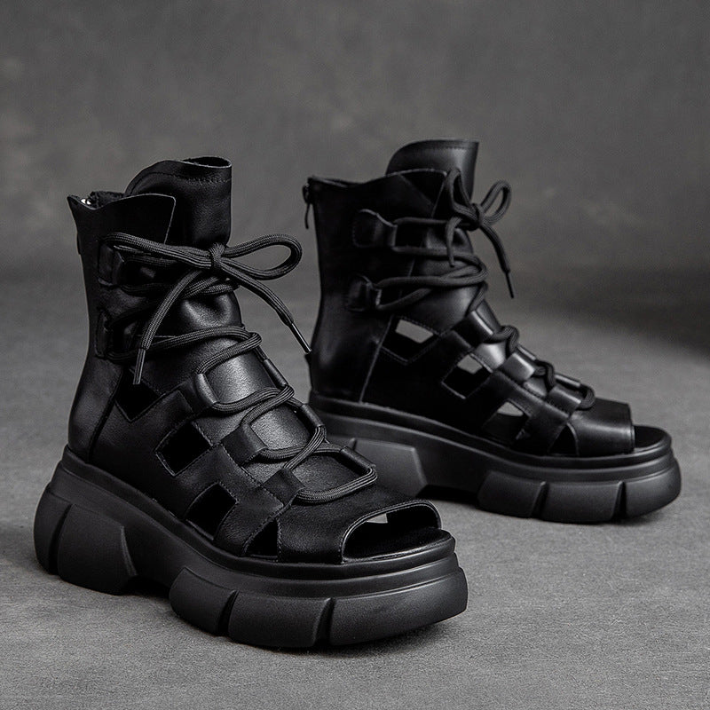 Shu Chun Thick-soled Round Toe Open Brushed Retro Style Platform Sandals