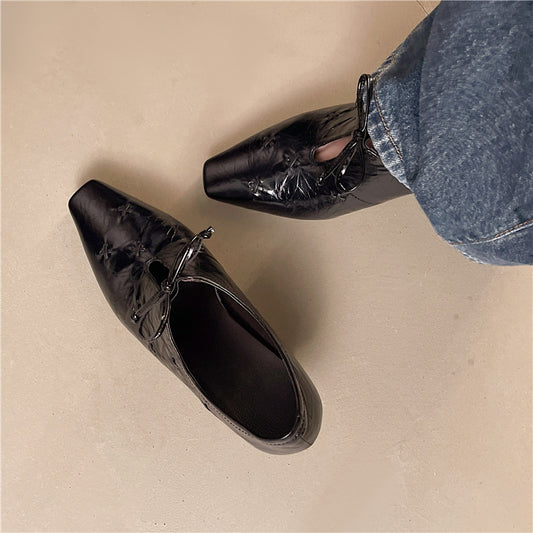 Women's First Layer Cowhide Deep Mouth Pumps Autumn Retro Style Leather Shoes