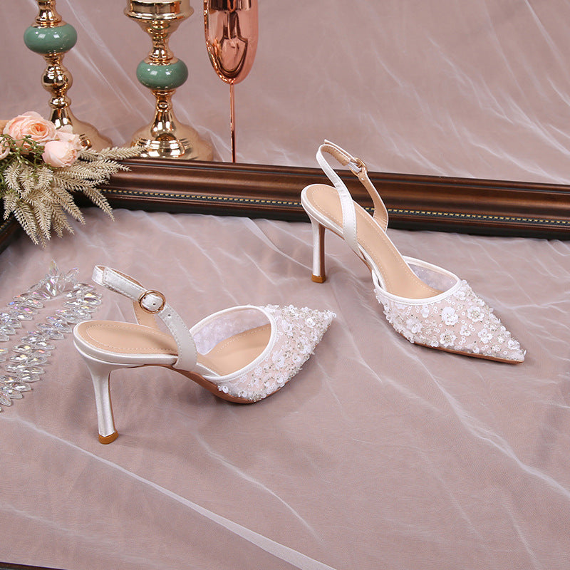 Women's Front Bag Back Strap French Joker Lace Hollow Lady High Heeled Sandals