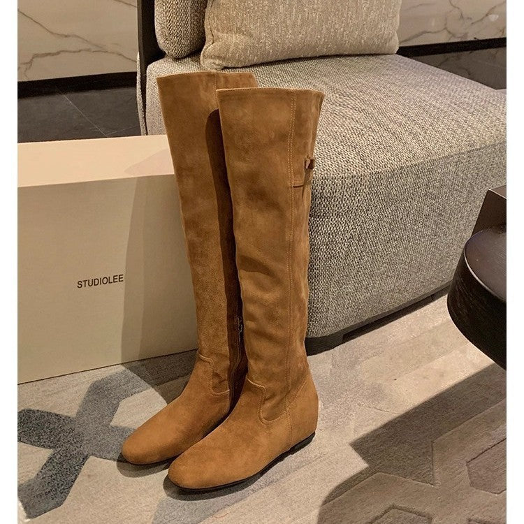 Insole Pointed Round Head Buckle Style Thin Bottom Over The Women's Leather Boots