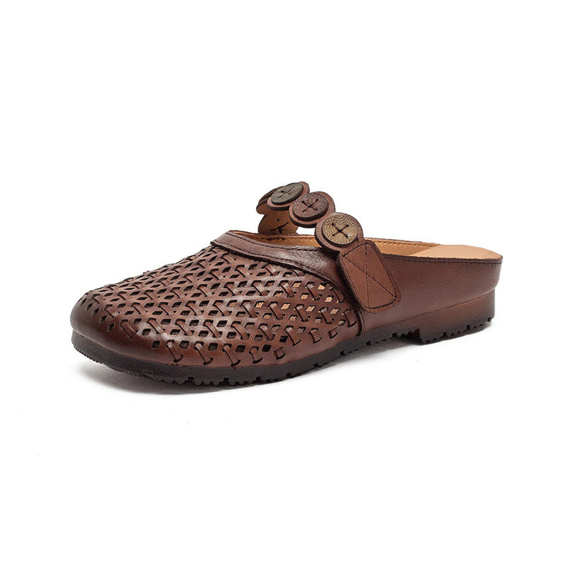Women's First Layer Cowhide Outer Wear Hollow Breathable Flat Slippers
