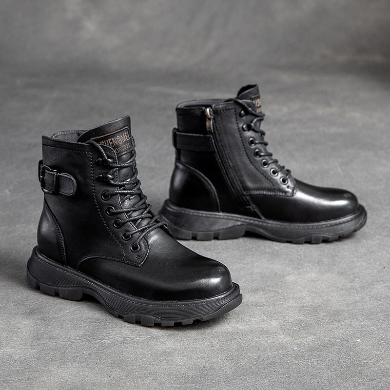 Women's Cowhide Platform Solid Color Belt Buckle Boots