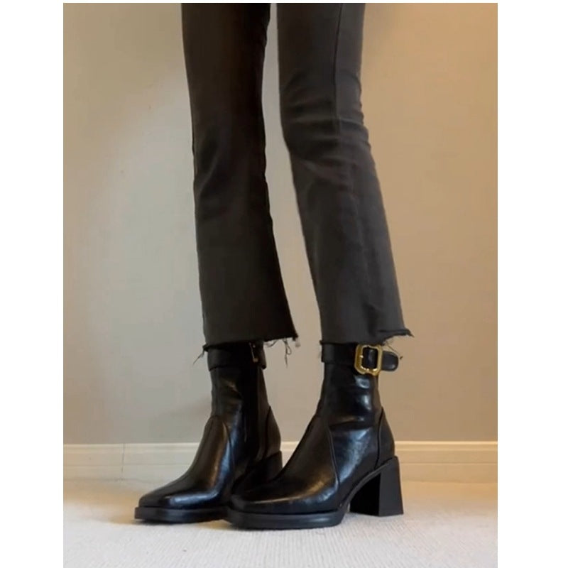 Slim High Below The Knee Long Female Chunky Women's Leather Boots