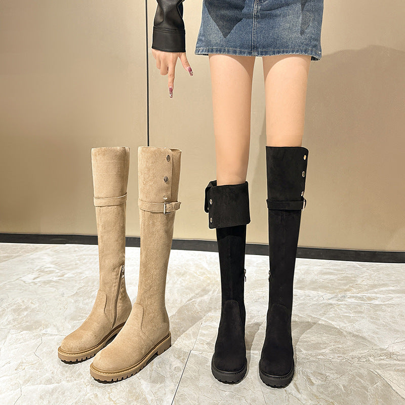 Women's Suede Thick-soled Stretch Widened Long Veet High Women's Leather Boots