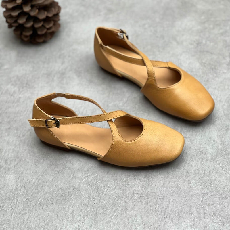 Women's Genuine Cross Mori Style Artistic Square Toe Temperament Wild Flat Women's Casual Shoes