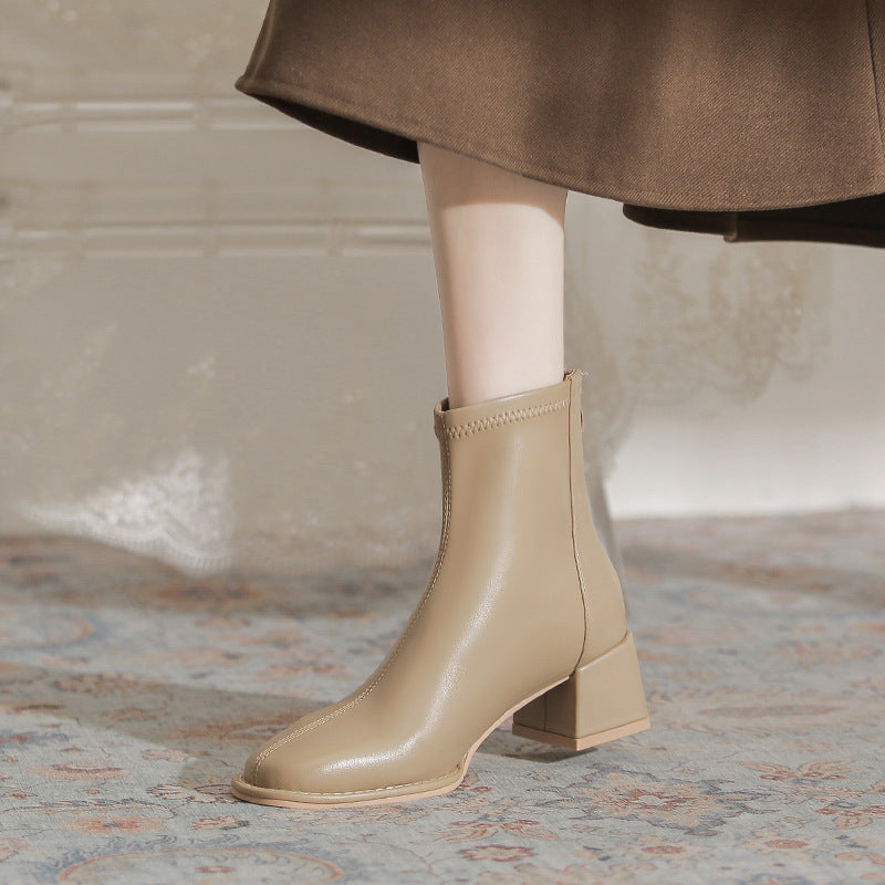 Women's Chunky Martin Simple Square Toe High Slimming Women's Leather Boots