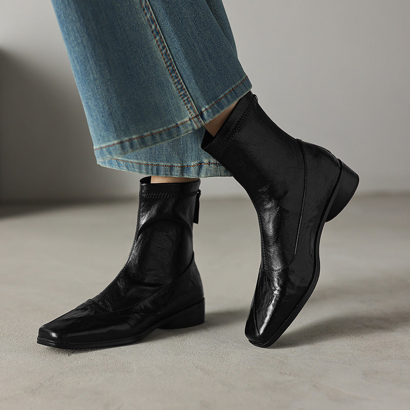 Women's Sheepskin Booties Genuine Temperament Square Toe Soft Bottom Comfortable Flat Women's Leather Boots