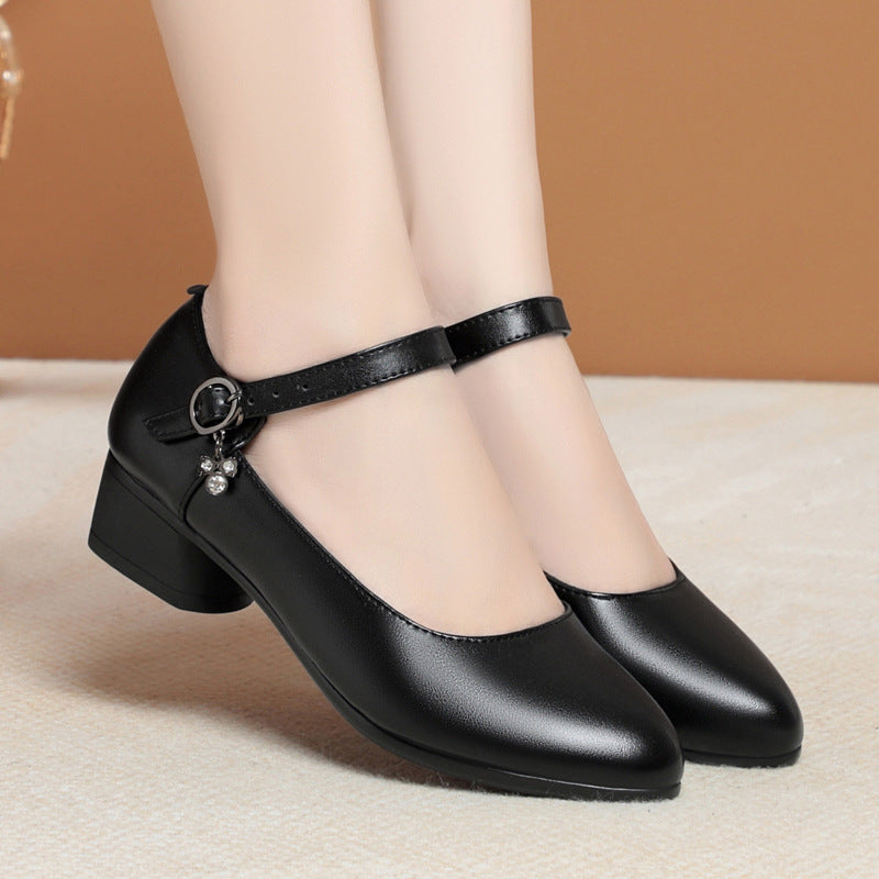 Women's Korean Style Mid Cowhide Low-cut Chunky Mom Dancing Single-layer Heels
