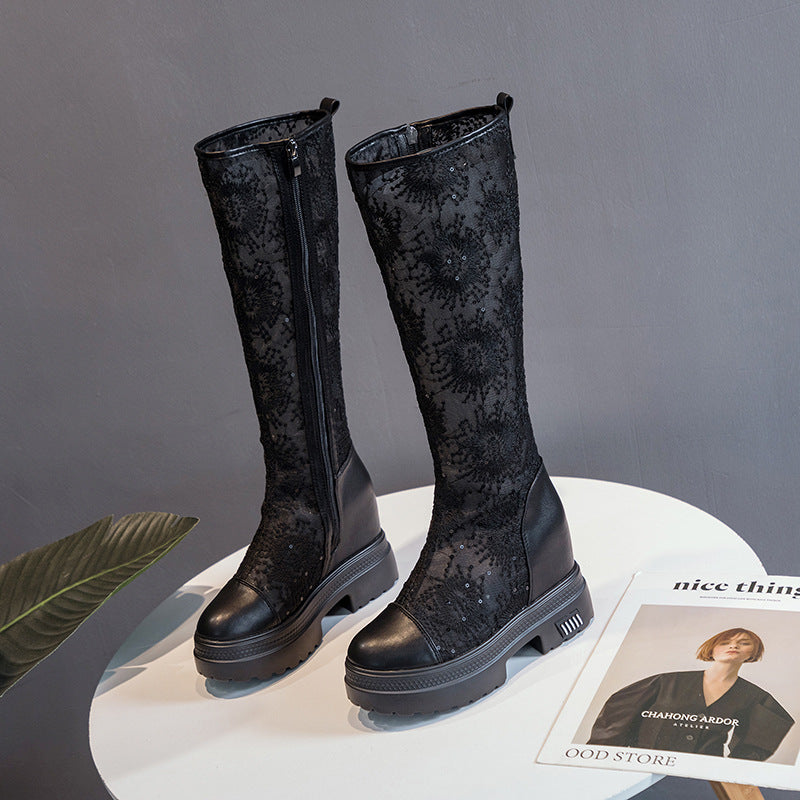 Women's White Embroidered Mesh Height Increasing Insole Thin Below The Knee Boots