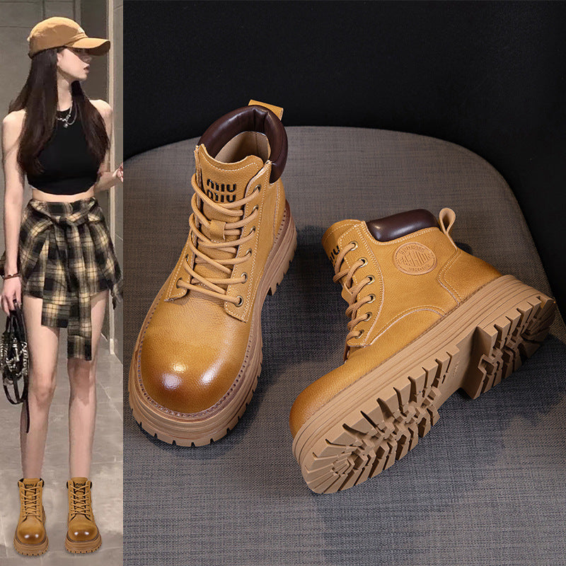 Women's Platform Elevator Wild Worker Retro Short Tube Women's Leather Boots