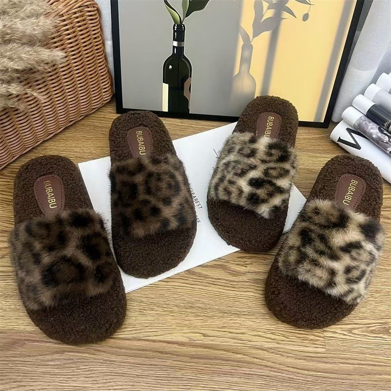 Plush Temperament Leopard Print Retro Fashion Lazybones Soft Bottom Sandals