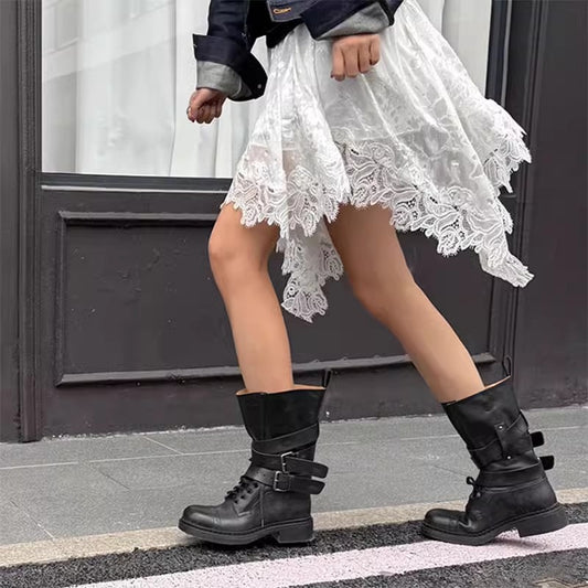 Women's High Motorcycle Knight Chunky Buckle Distressed Western Boots