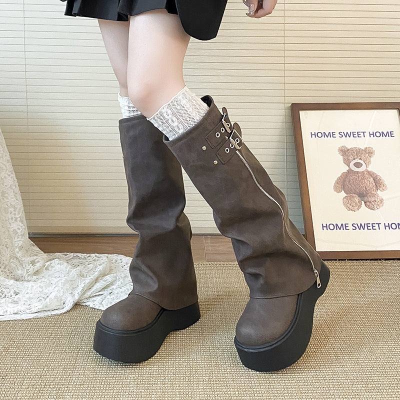Women's Bottom Increased Autumn Muffin Pleated Pile Pants Pipe Small Boots