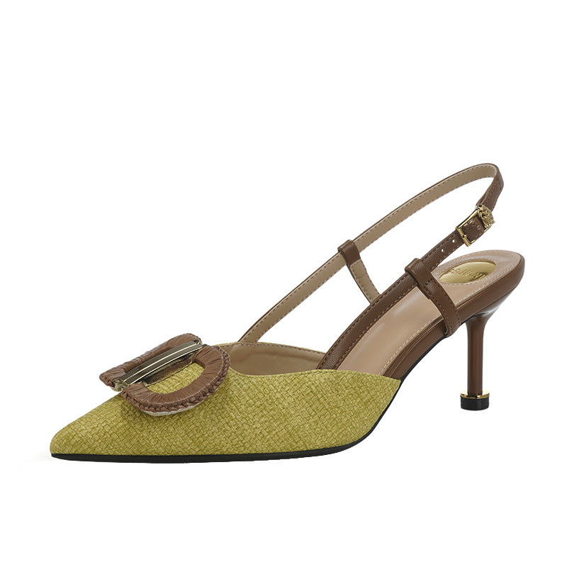 Beautiful Elegant Linen Soft Surface Pointed Stiletto Female Word Strap High Heeled Sandals