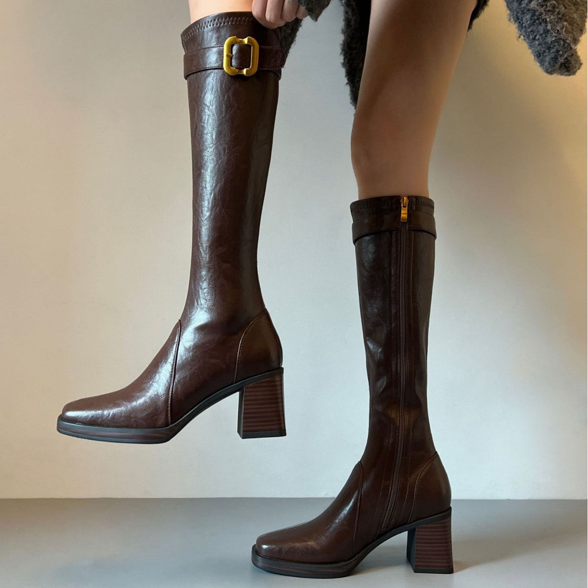 Women's High Long Belt Buckle Square Toe Leggings Skinny Women's Leather Boots