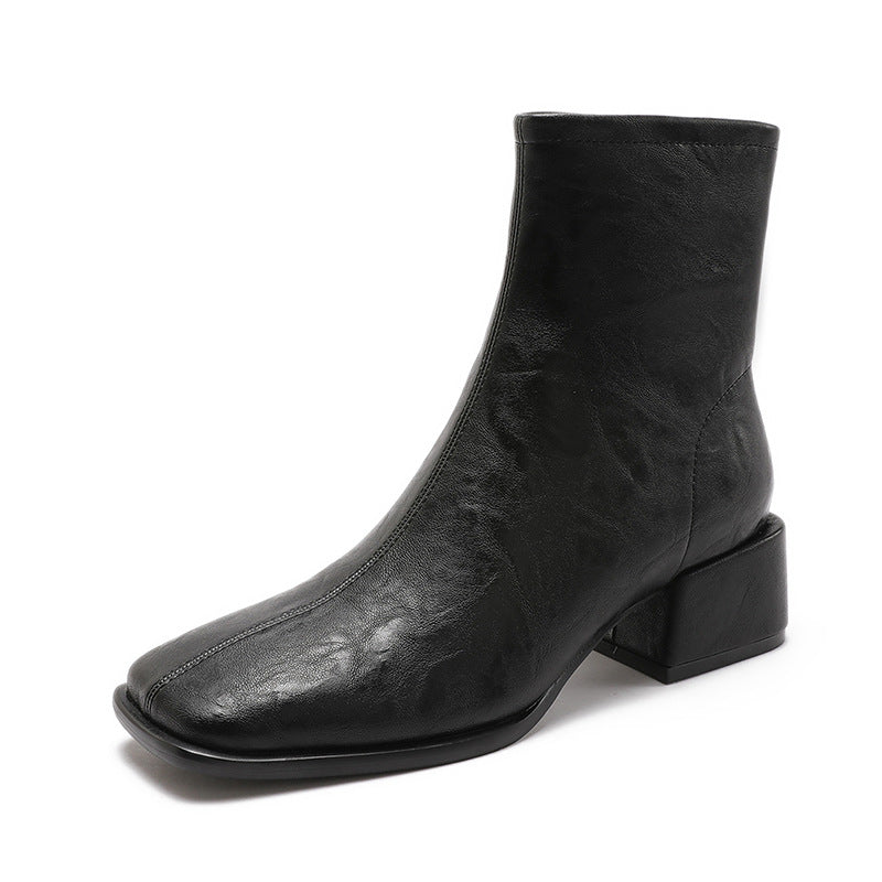Women's Korean Style Retro Square Toe Thin Booties Chunky Side Zip Women's Leather Boots