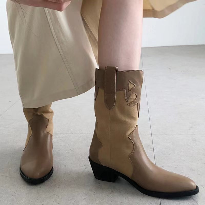 Women's Summer Thin Fashion Stitching Retro Slimming Thick Middle Women's Leather Boots