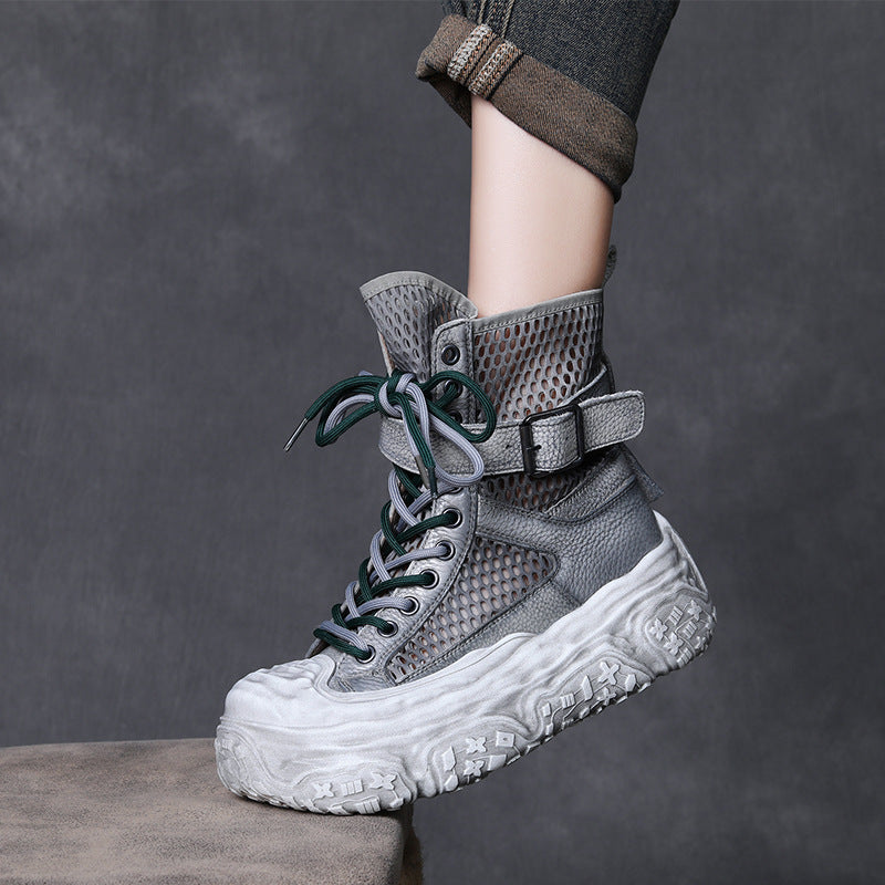Women's Layer Cowhide Breathable Mesh Martin For Summer Platform Sandals