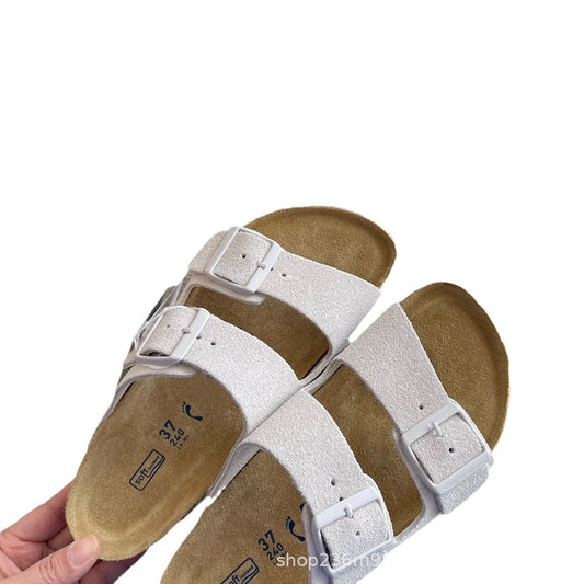 Women's Wear Cowhide Cork Toe Cap Semi Slippers