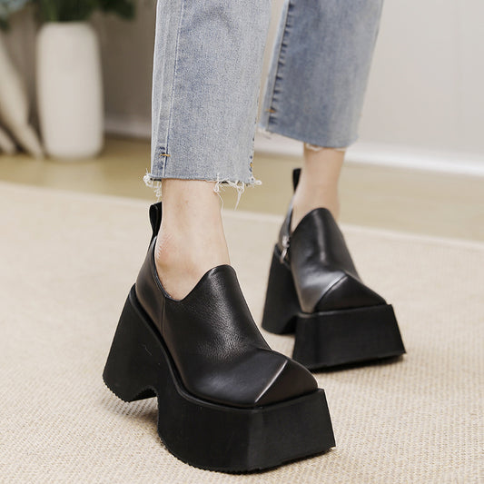 Retro Square Head Solid Color Genuine Platform Female Women's Fashion Shoes