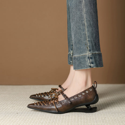 Women's Niche Pointed Toe Abnormal Shape High Strap Bow Mary Jane Women's Fashion Shoes