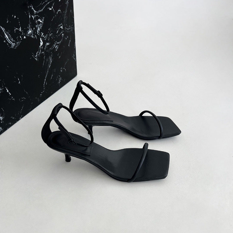 Women's Buckle Fashion Summer Stiletto Square Toe Open Genuine High Heeled Sandals