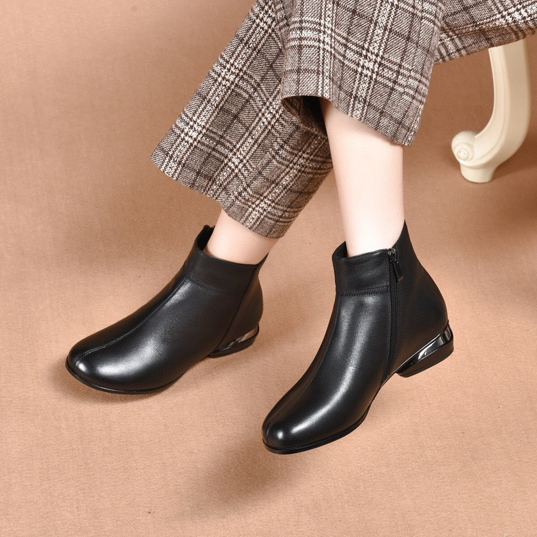 Women's Soft Bottom Brown British Round Head Women's Leather Boots