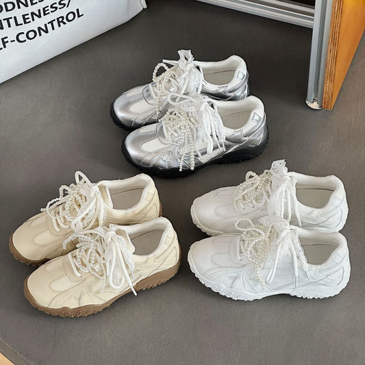 Women's Autumn Lace Pearl Height Increasing Insole Soft Bottom White Women's Casual Shoes
