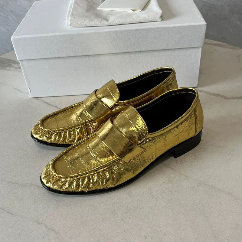 Women's Eel Skin Vintage Crumpled Low-cut Flat Pumps Commuter Small Loafers