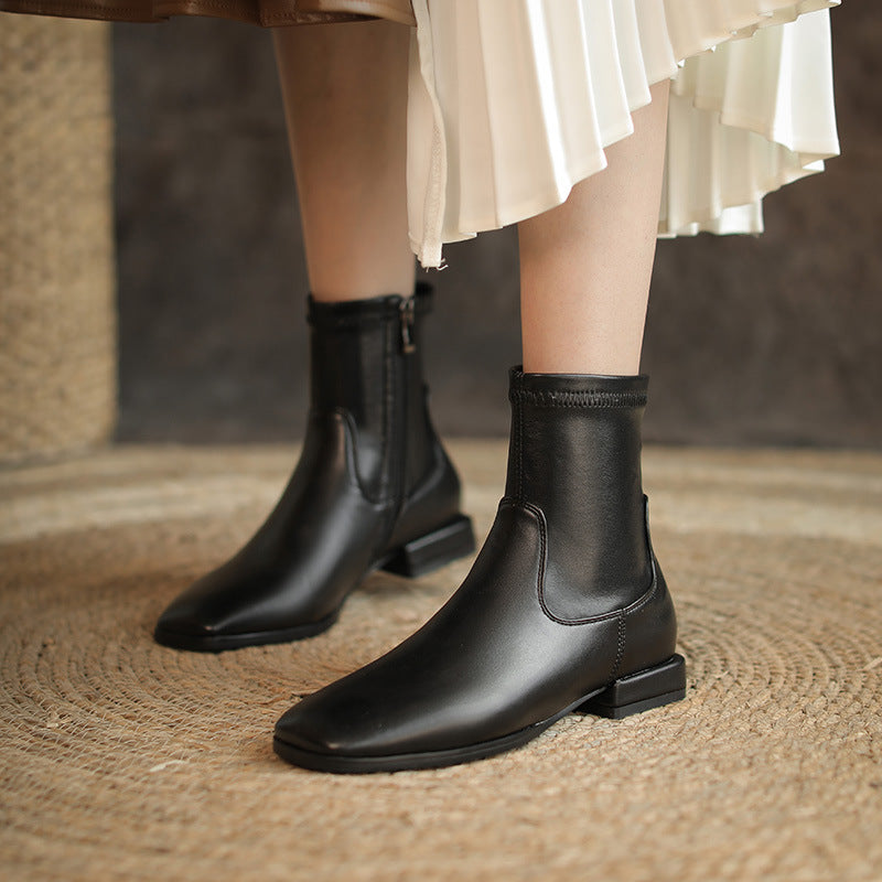 Women's Small Beige Flat Ankle Simple Stretch Women's Leather Boots