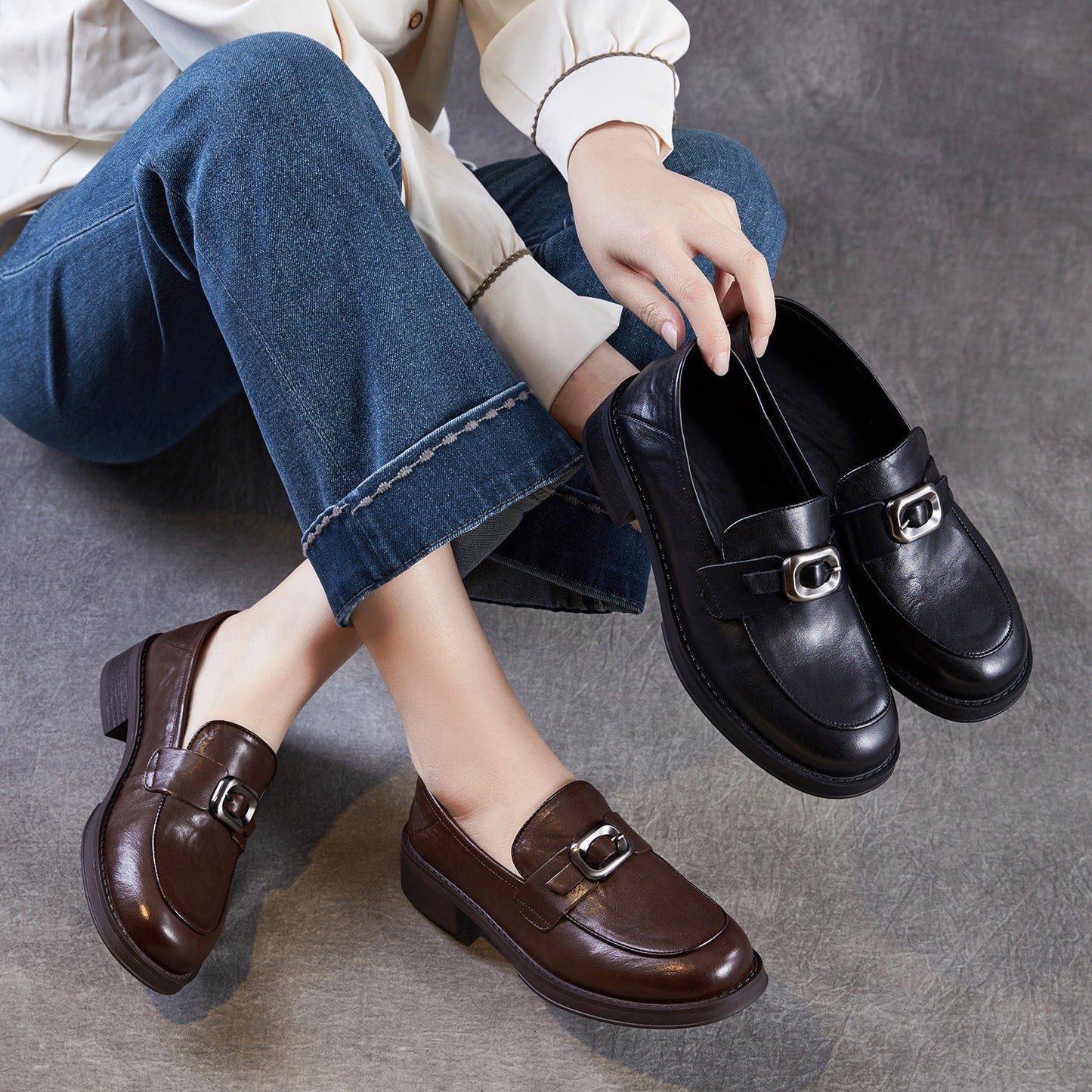 Women's Brown Retro Round Toe Spring British Women's Fashion Shoes
