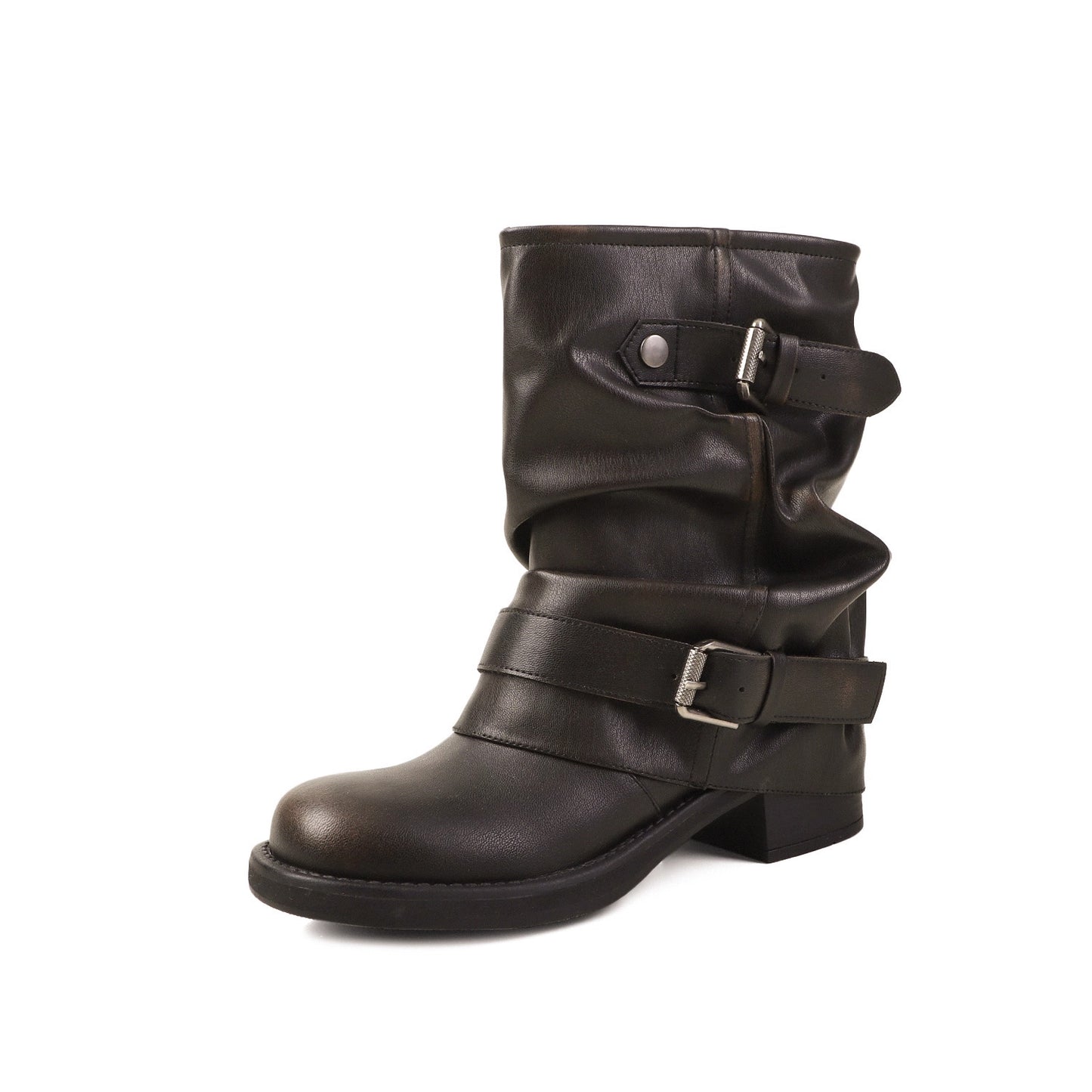 Women's Pants Black Color Pleats Western Cowboy Round Head Chunky Belt Women's Leather Boots