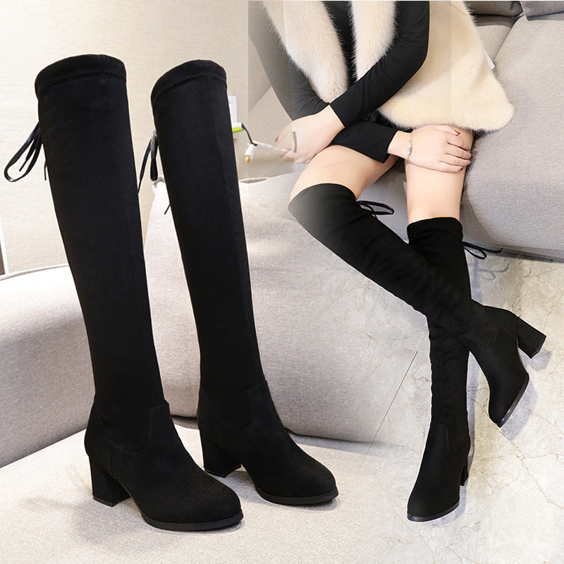 Long Female Slimming Thick Pointed Toe Boots