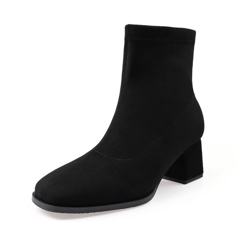 Women's Suede Fashion Stretch Square Toe Chunky Boots
