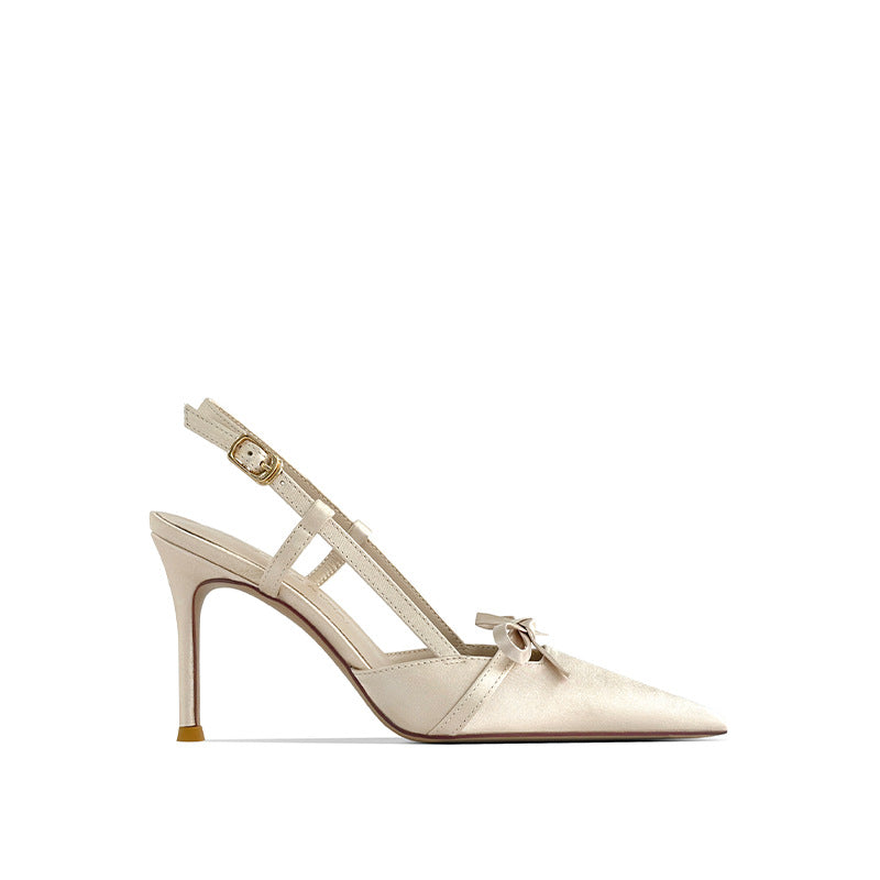 Style Satin Bow Design Sense Niche Wedding Hollow Closed Toe High Heeled Sandals